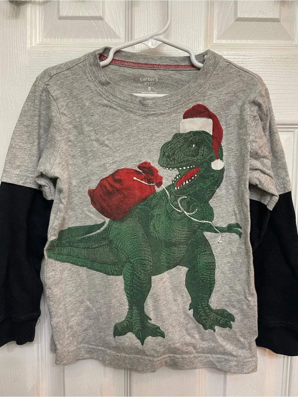 Carter's Gray Long-Sleeve Tee with Green Dinosaur and Red Holiday Accents